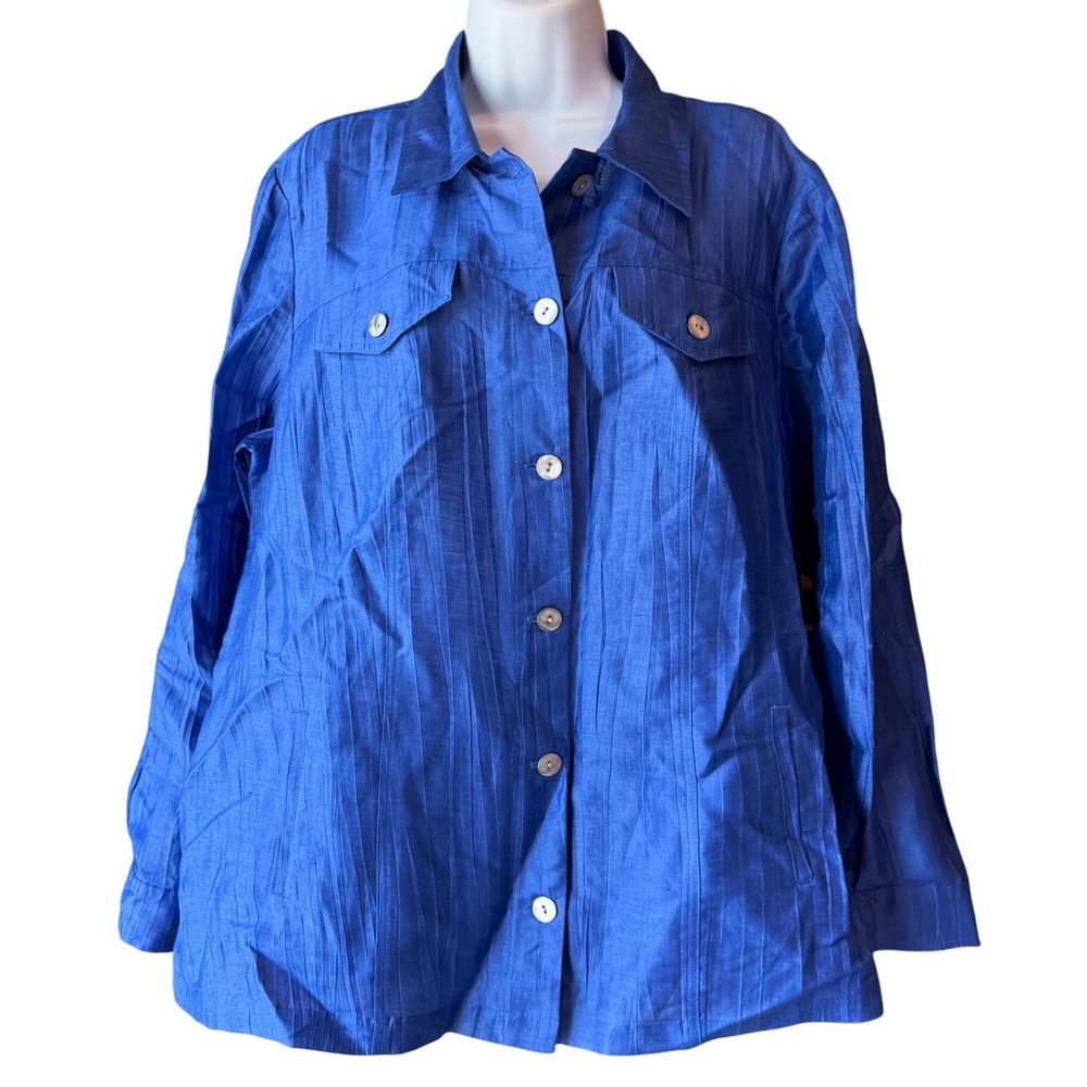 Chicos Crinkled Linen Shacket Button Front Jacket Chicos Sz 3 16/18 Blue NWT